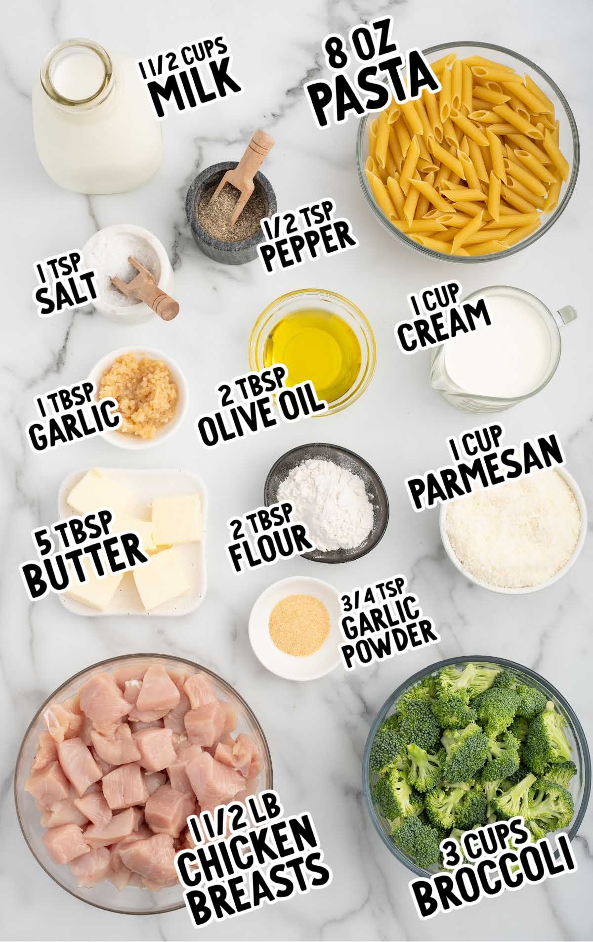 Chicken and Broccoli Penne Alfredo raw ingredients that are labeled