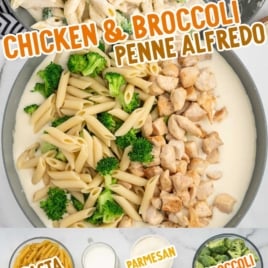 a skillet of Chicken and Broccoli Penne Alfredo with a large wooden spoon