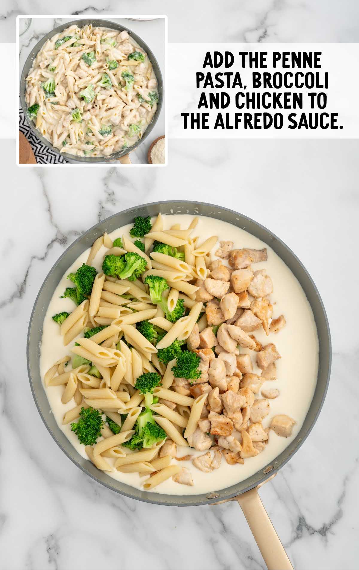 penne pasta, broccoli florets, and cooked chicken added to the skillet with the Alfredo sauce