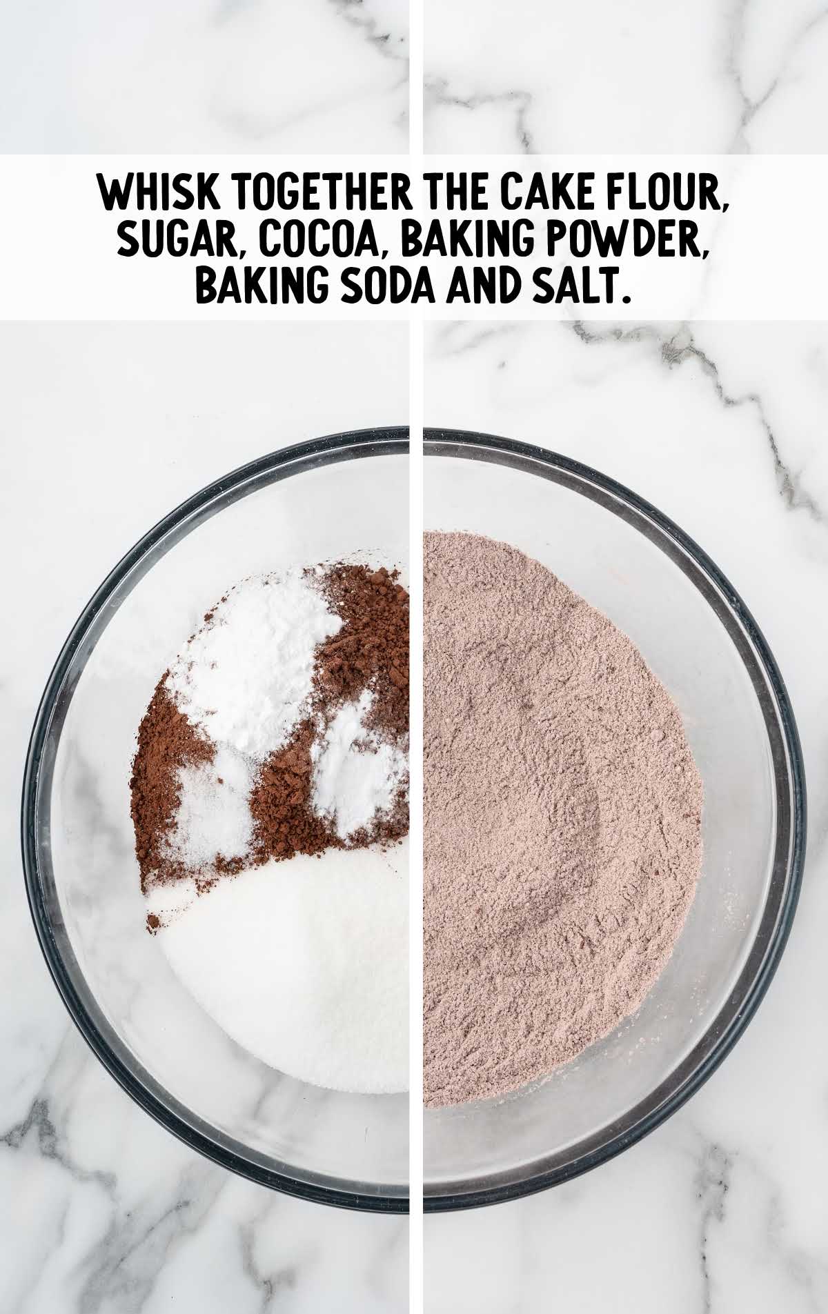 cake flour, granulated sugar, unsweetened cocoa powder, baking powder, baking soda, and salt combined in a bowl