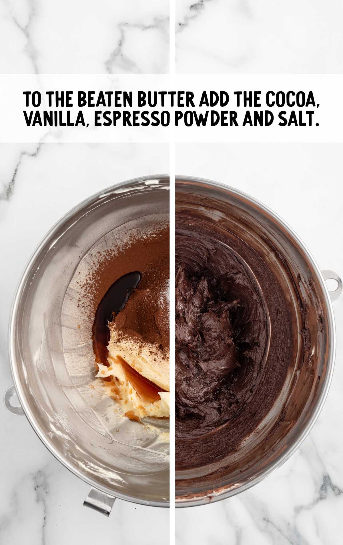 butter, dark Dutch-processed cocoa powder, vanilla extract, instant espresso powder, and salt combined in a bowl