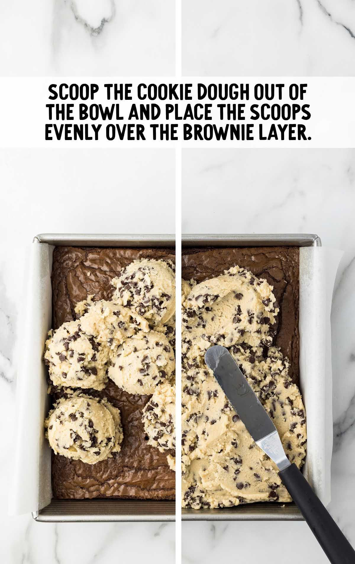 cookie dough spread on top of the brownie layer