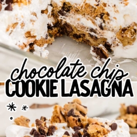 Cookie Lasagna in a baking dish and a slice of Cookie Lasagna on a plate