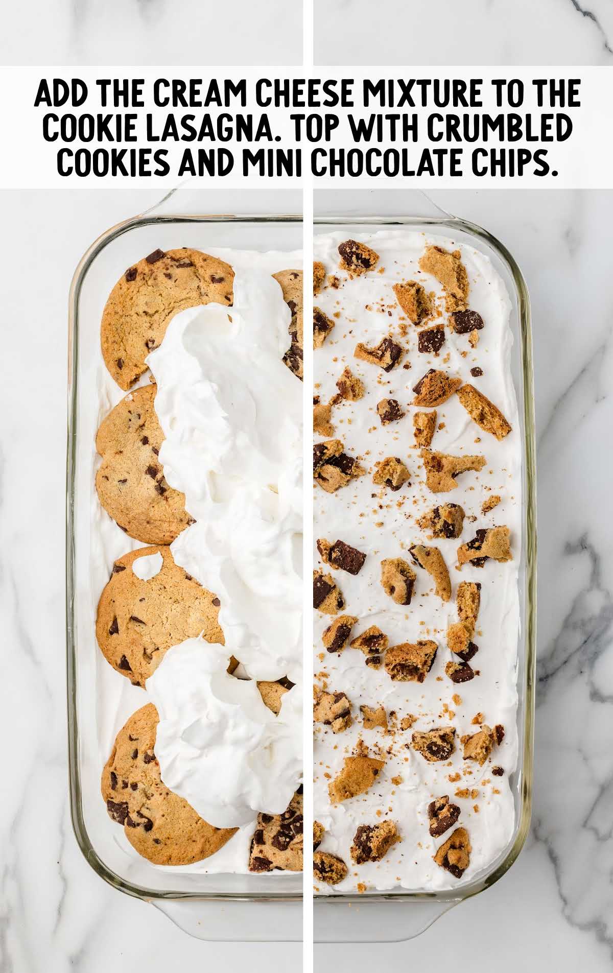 Cookie Lasagna topped with cream cheese mixture, crumbled cookies, and chocolate chips