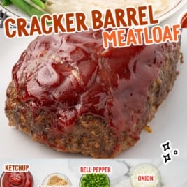 meatloaf served with mashed potatoes and green beans on a plate