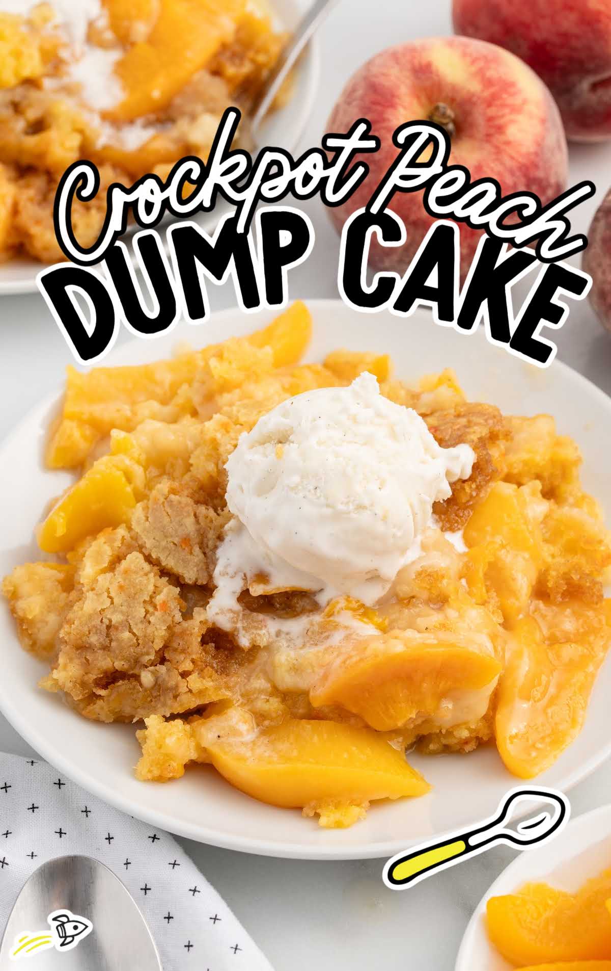 a serving of Peach Dump Cake topped with vanilla ice cream on a plate