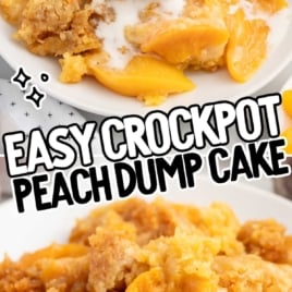 a serving of Peach Dump Cake topped with vanilla ice cream on a plate