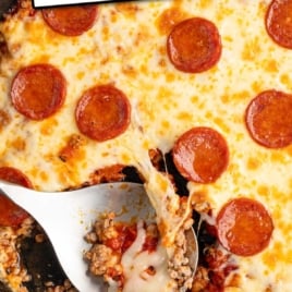 Crustless pizza in a skillet with spoon lifting cheesy slice, overlaid with text “30-Minute Crustless Pizza Recipe – Easy Low-Carb Family Dinner”.