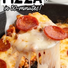 Gooey slice of crustless pepperoni pizza being lifted from skillet, overlaid with text “Fastest Way to Make Crustless Pizza in 30-Minutes!”.