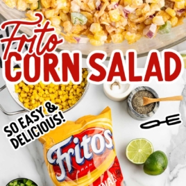 a bowl of Frito Corn Salad and raw salad ingredients that are labeled