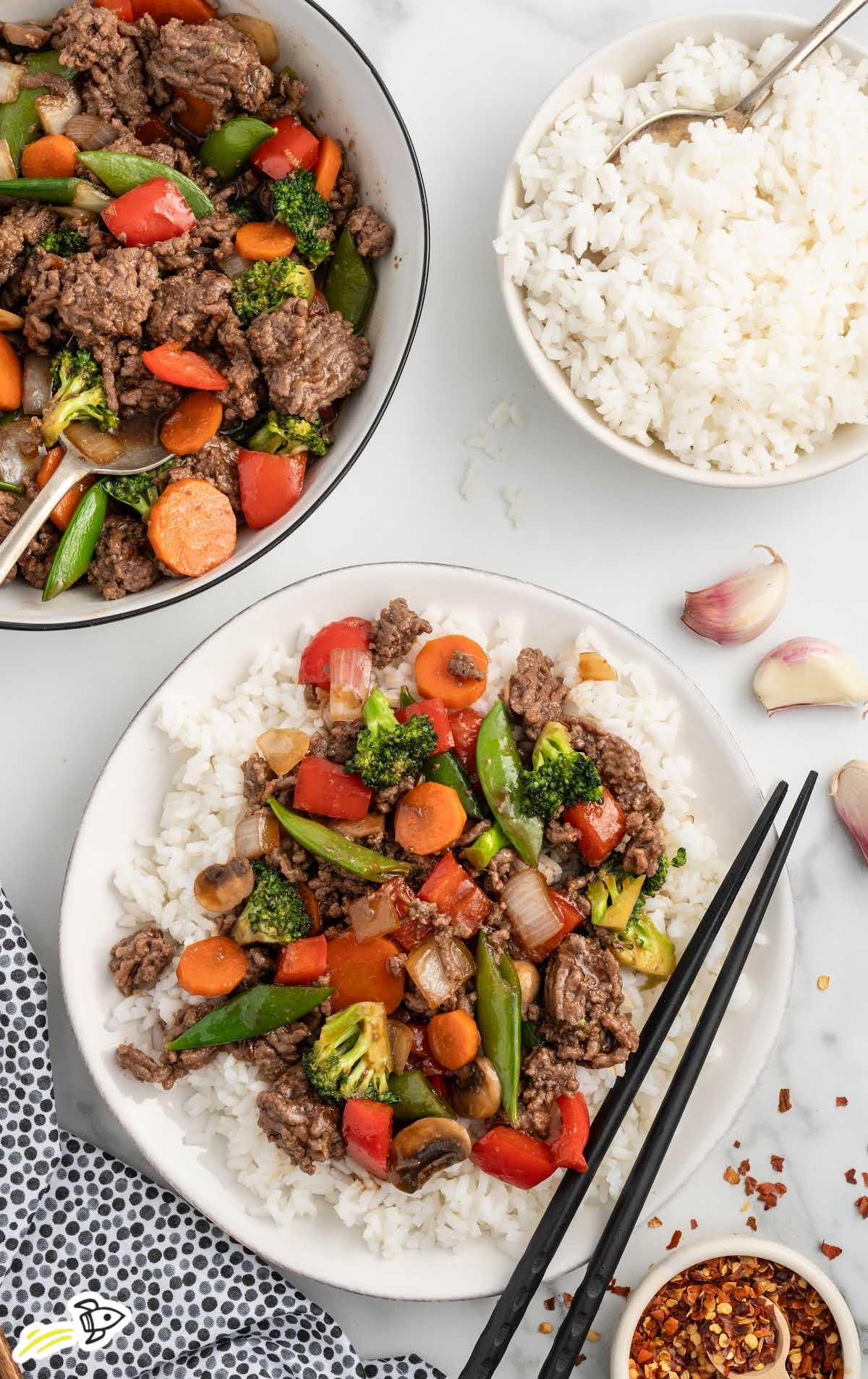 a plate of Ground Beef Stir Fry served over white rice