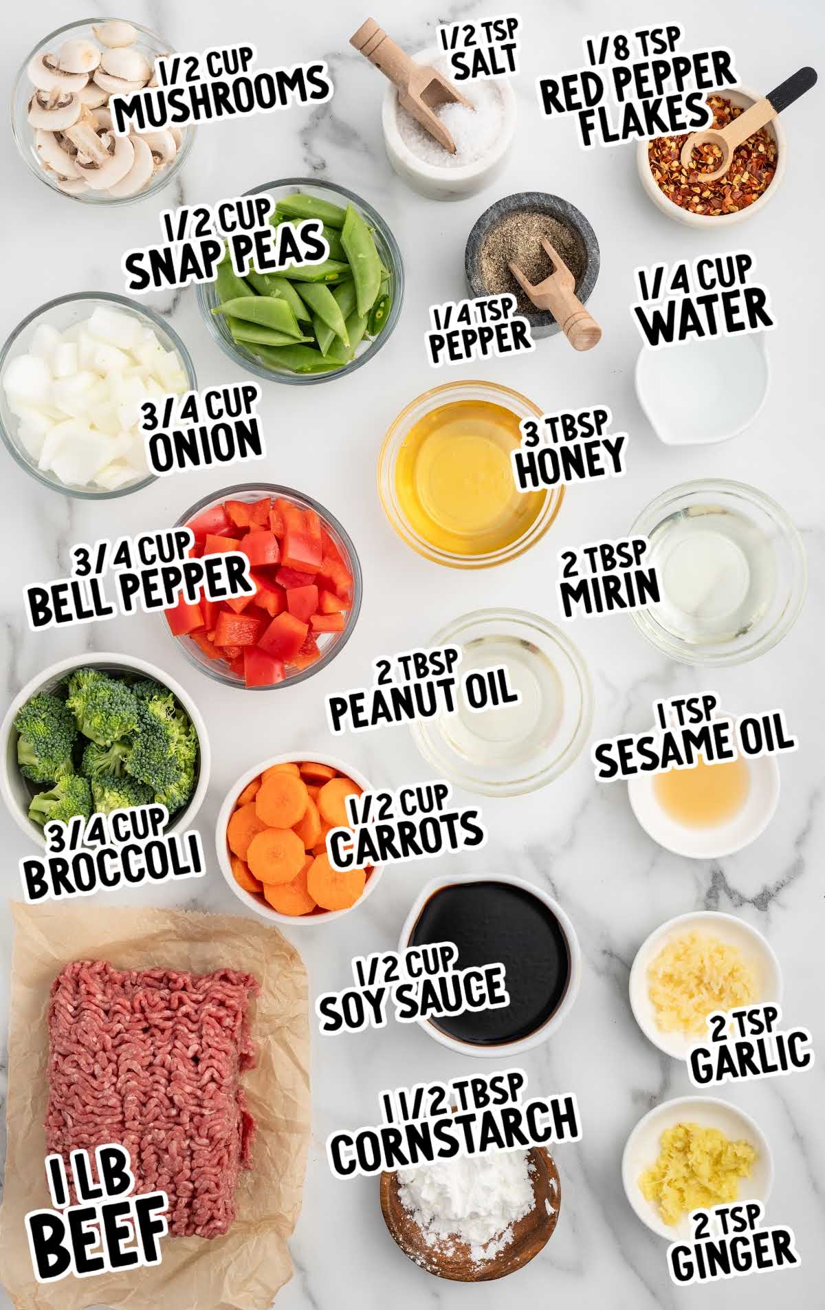 Ground Beef Stir Fry raw ingredients that are labeled