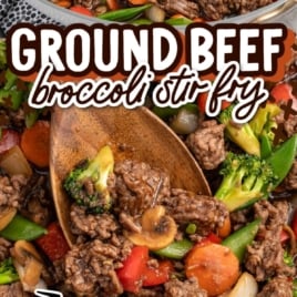 Ground beef broccoli stir fry with red peppers, carrots, mushrooms, and snap peas, captioned “Quick & Easy Meal!”.
