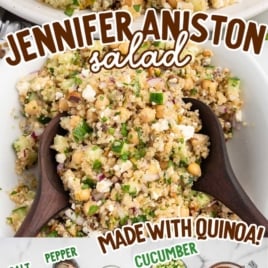 a serving bowl of Jennifer Aniston Salad with a serving spoon