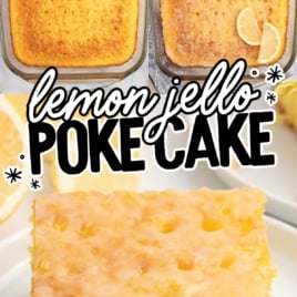 cake in a baking dish and a slice of Lemon Jello Cake on a plate