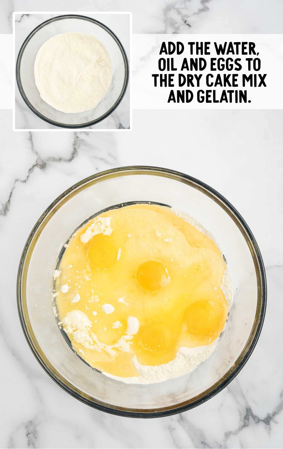 cold water, vegetable oil, and room temperature eggs added to the bowl with the dry ingredients