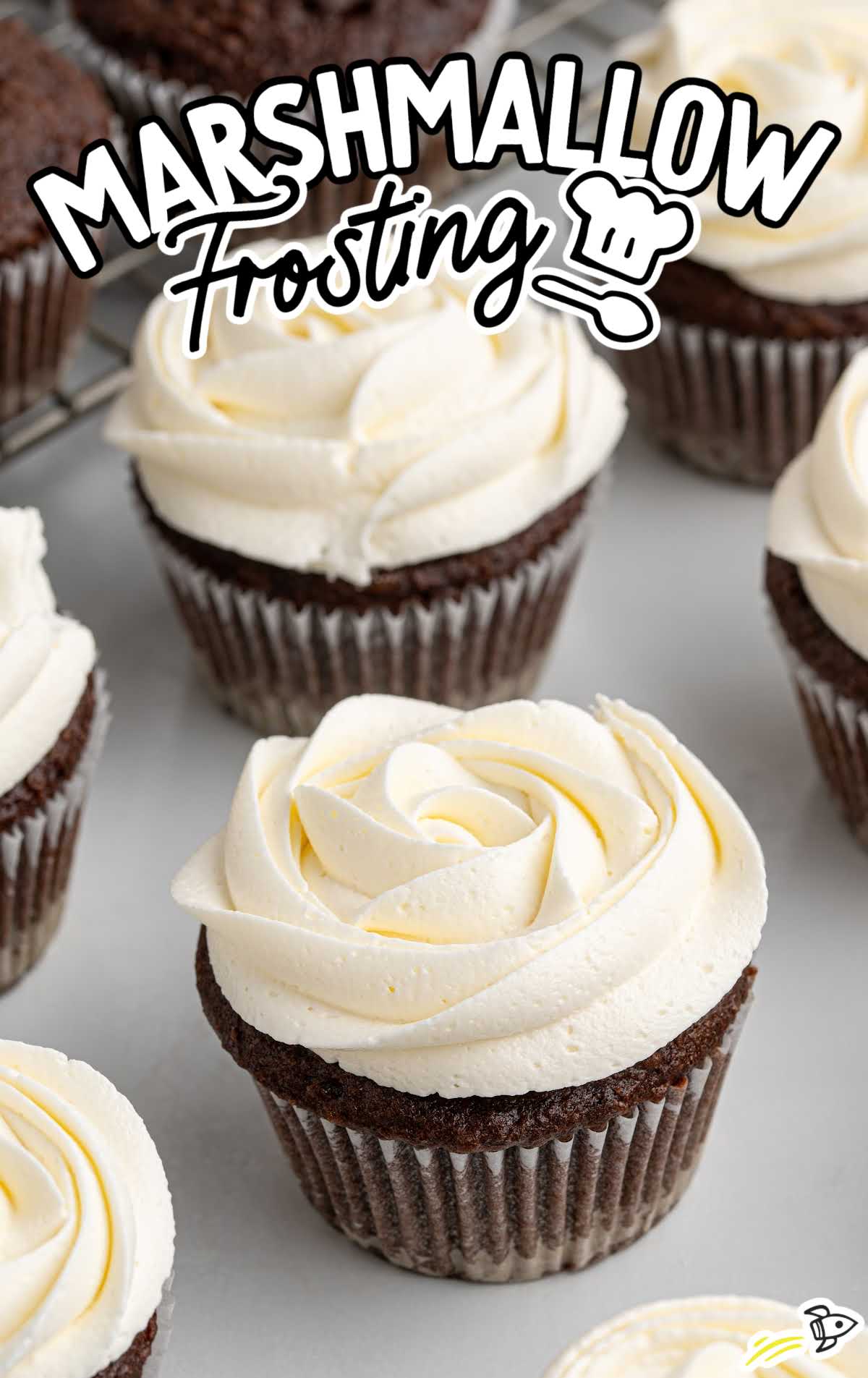 Chocolate cupcakes topped with marshmallow frosting swirled into roses