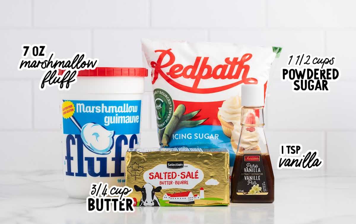 Ingredients for marshmallow frosting including marshmallow fluff, butter, powdered sugar, and vanilla