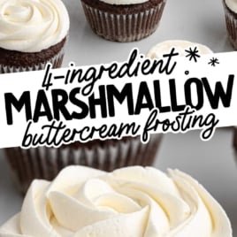 Four-ingredient marshmallow buttercream frosting piped on chocolate cupcakes