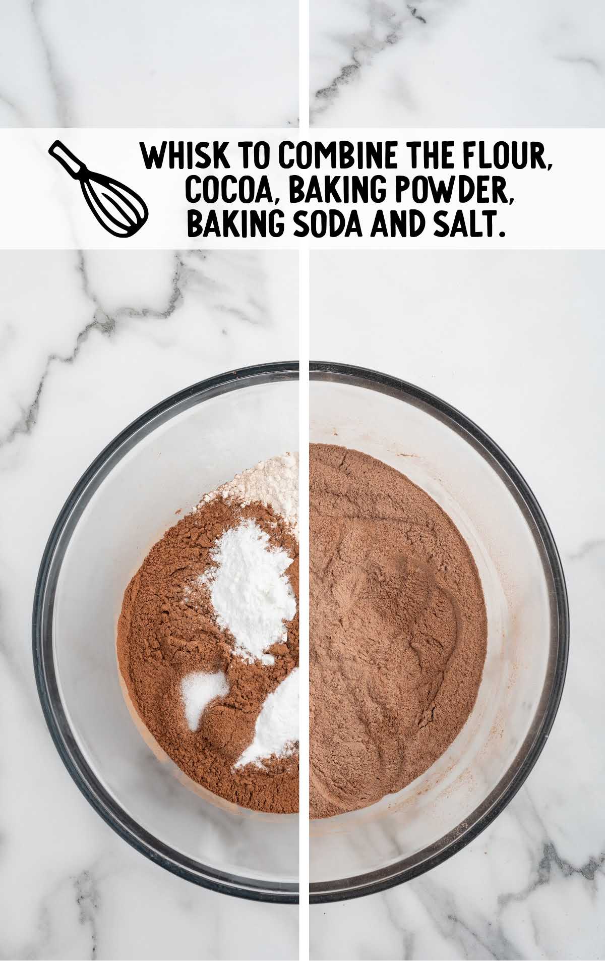 flour, cocoa powder, baking powder, baking soda, and salt combined in a bowl