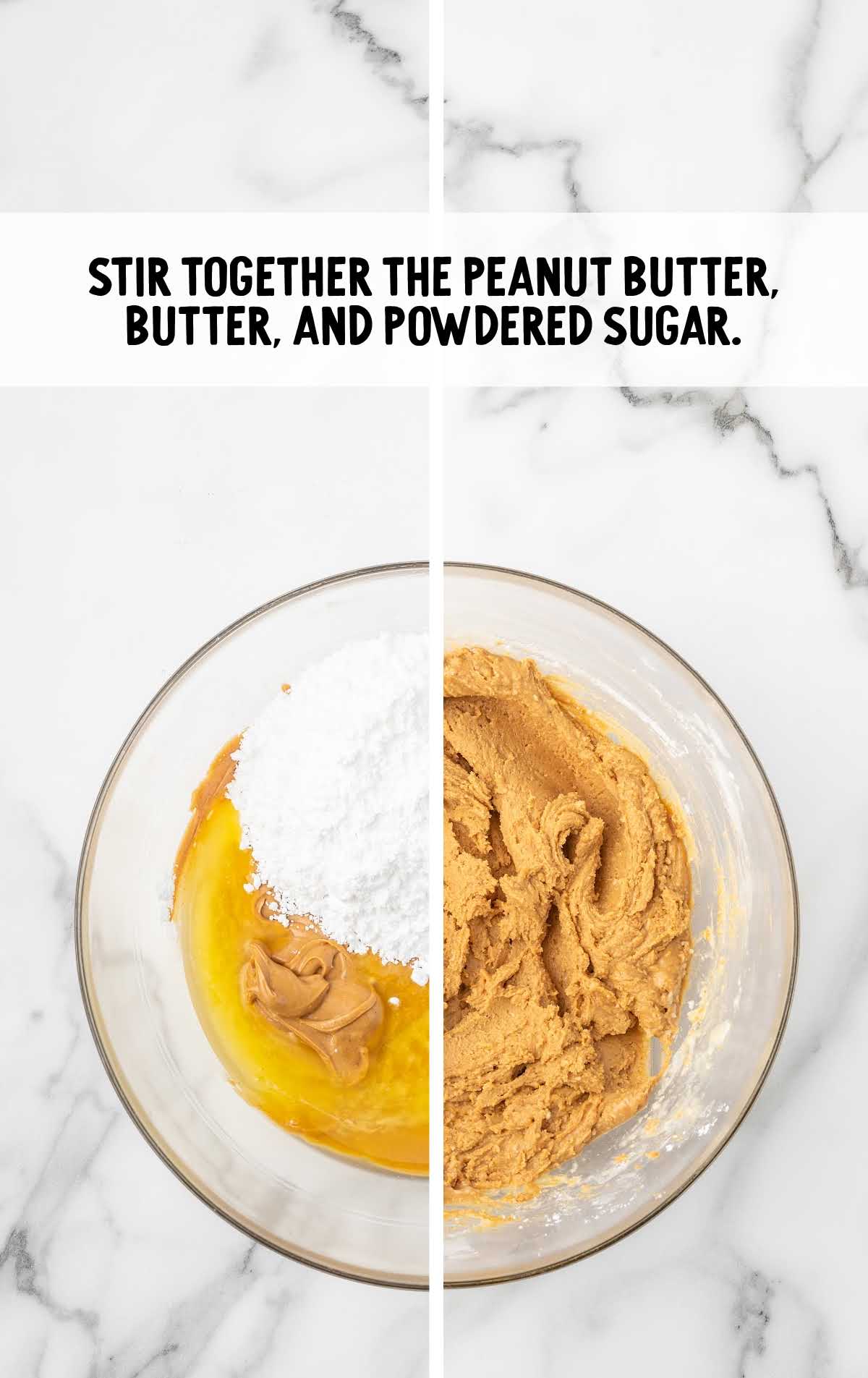 peanut butter, melted butter, and powdered sugar combined in a bowl