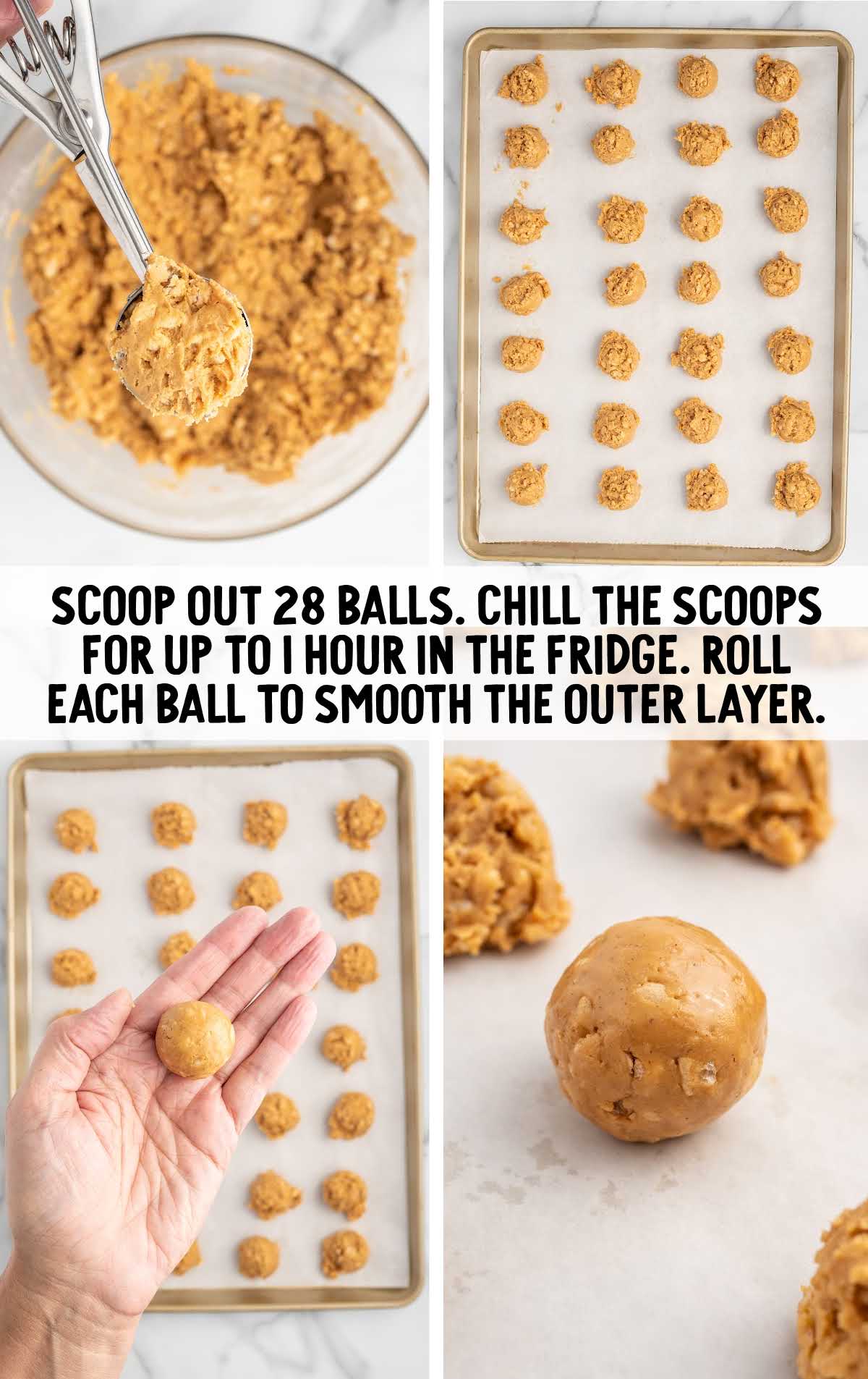 peanut butter mixture rolled into balls and placed on a baking sheet