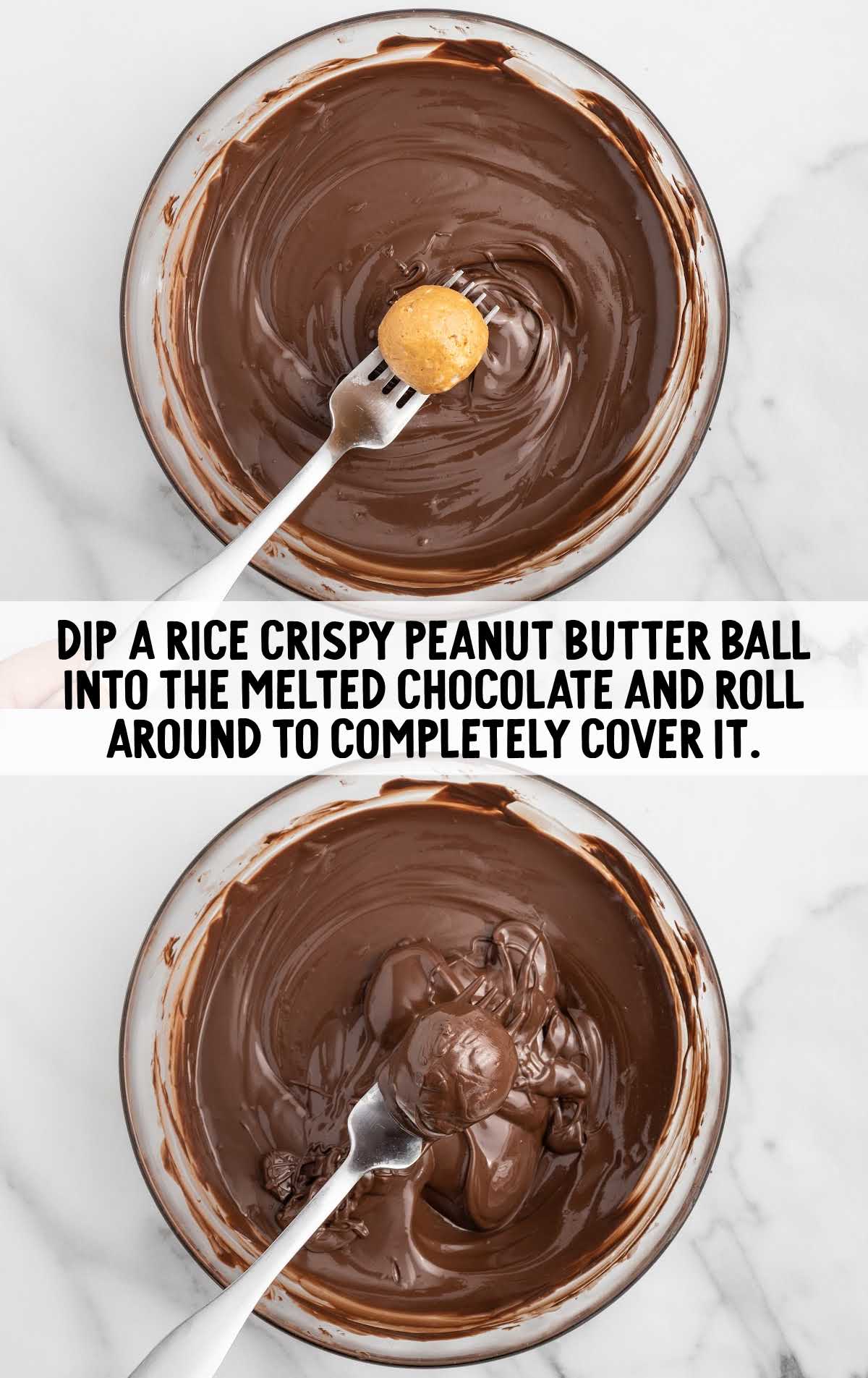 peanut butter ball dipped into the bowl of melted chocolate