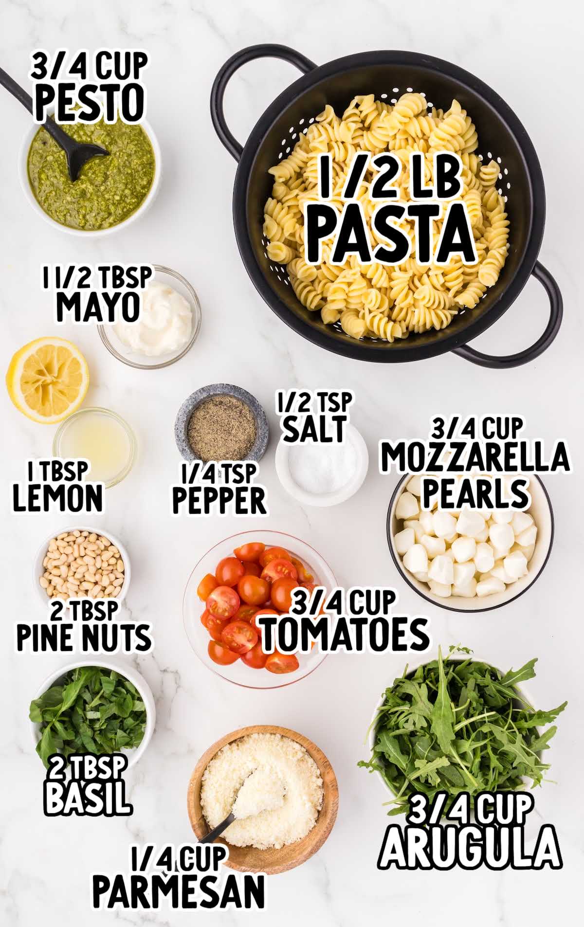Pesto Pasta Salad raw ingredients that are labeled