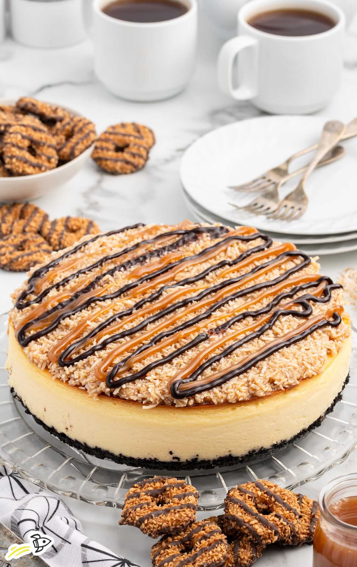 Samoa Cheesecake topped with caramel and chocolate sauce