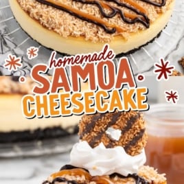 a slice of Samoa Cheesecake topped with whipped topping and samoa cookies on a plate