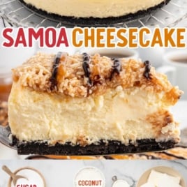 Samoa Cheesecake topped with caramel and chocolate sauce