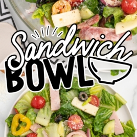 a serving bowl and plate of sandwich salad