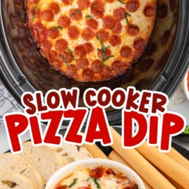 a Slow Cooker of Pizza Dip garnished with basil