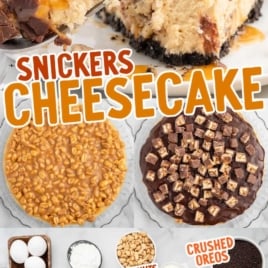 a slice of Snickers Cheesecake topped with crushed Snickers on a plate