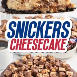 a slice of Snickers Cheesecake topped with crushed Snickers on a plate