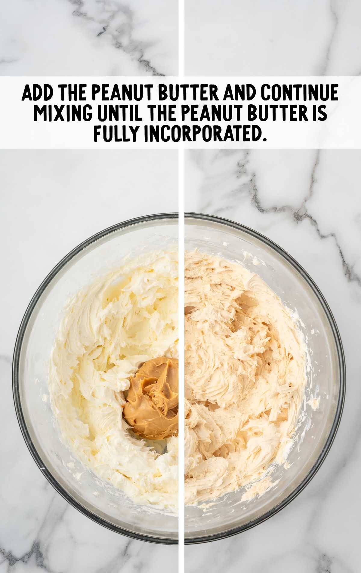 peanut butter added to the cream cheese mixture in a bowl