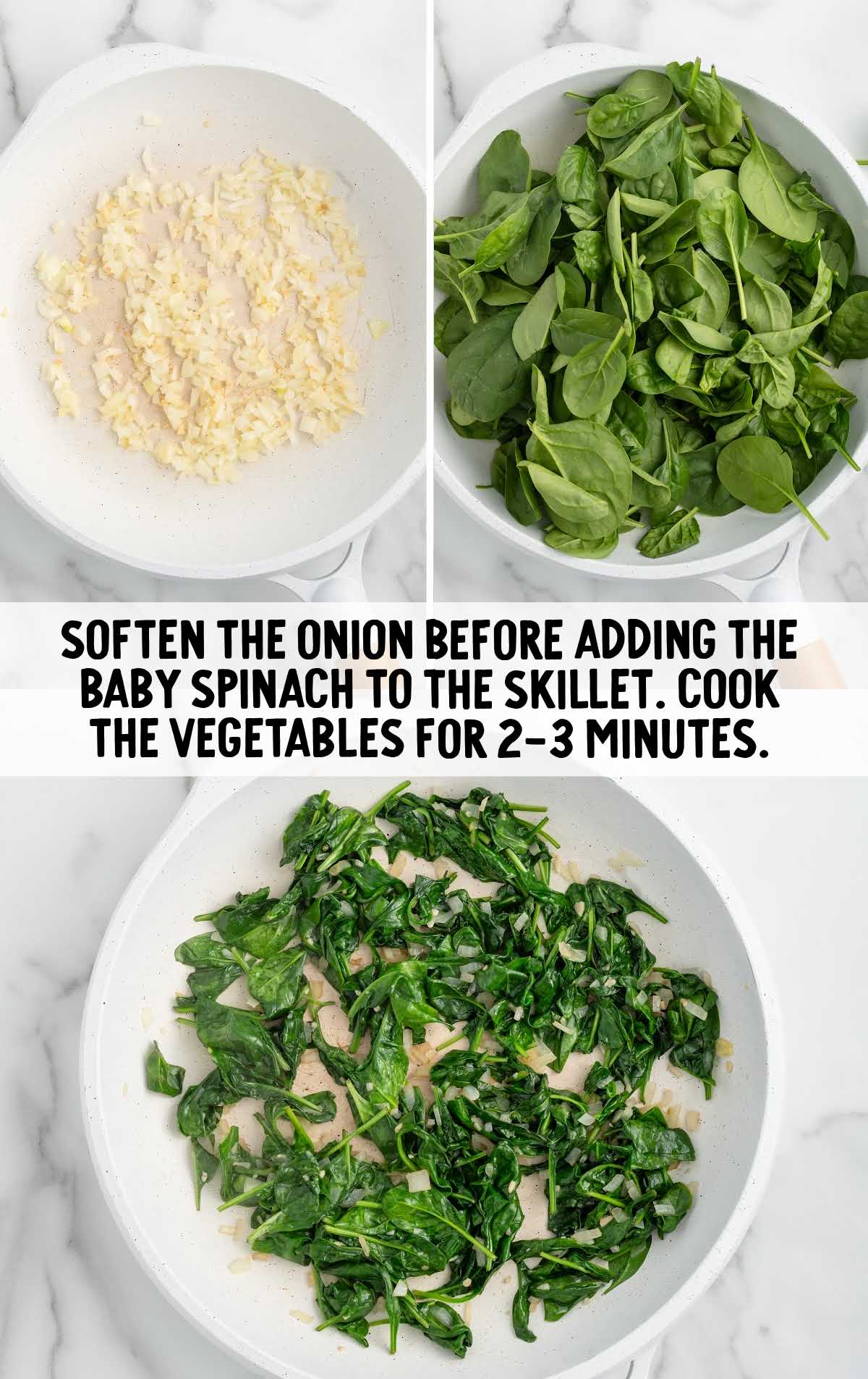 diced yellow onion, minced garlic, and baby spinach cooked in a skillet