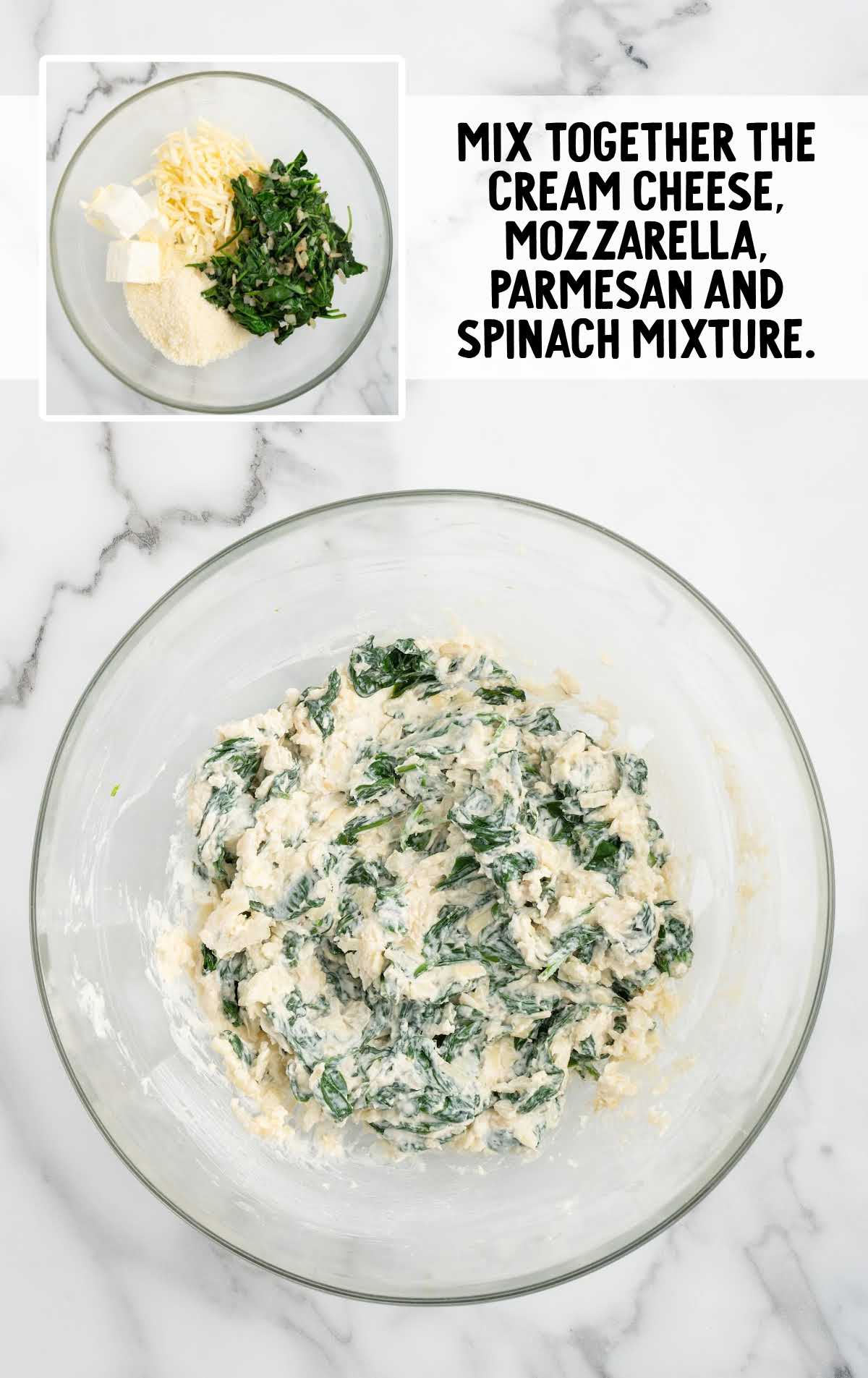 cream cheese, shredded mozzarella cheese, grated parmesan cheese, and the cooled spinach mixture combined in a bowl