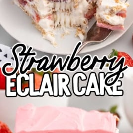 a slice of Strawberry Eclair Cake on a plate