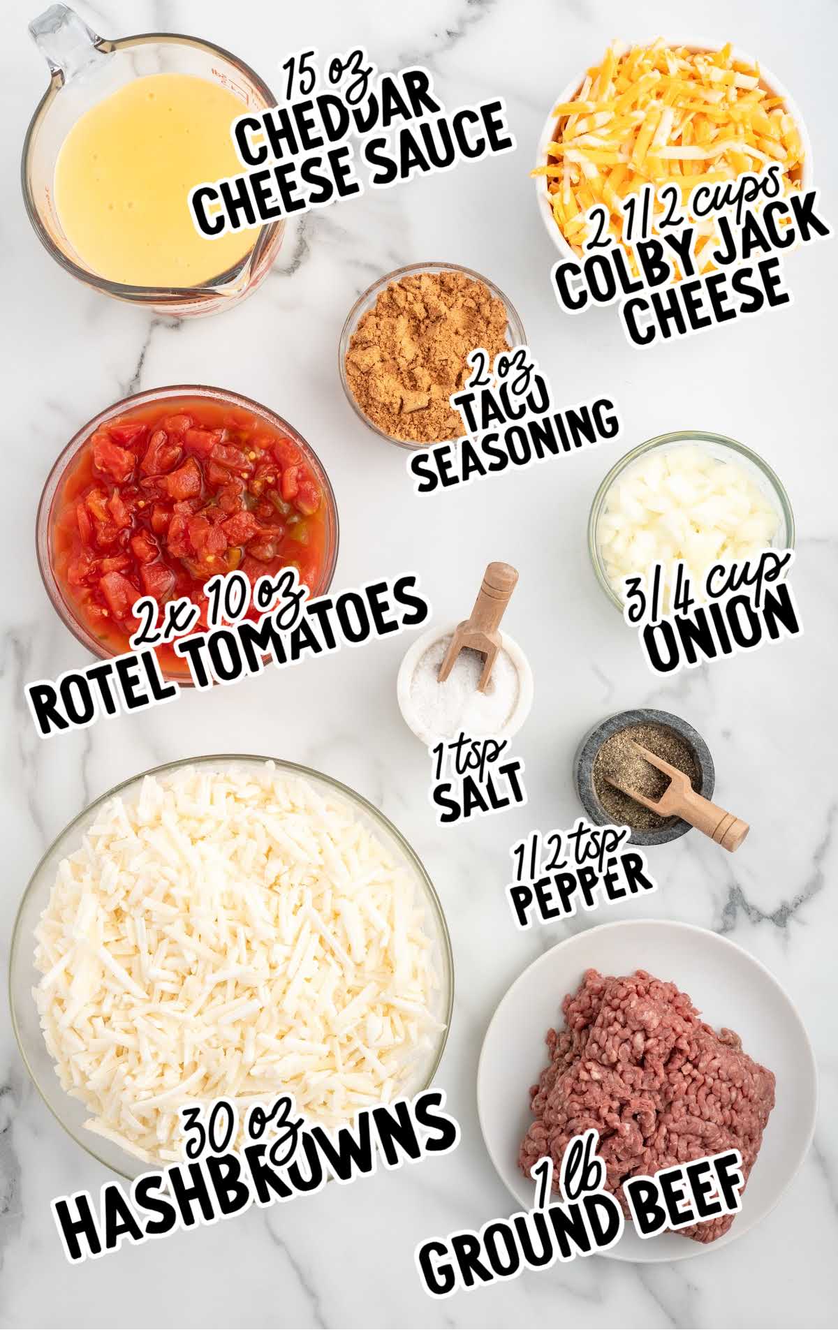 Taco Potato Casserole raw ingredients that are labeled