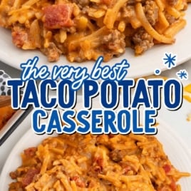 a plate of Taco Potato Casserole with a fork