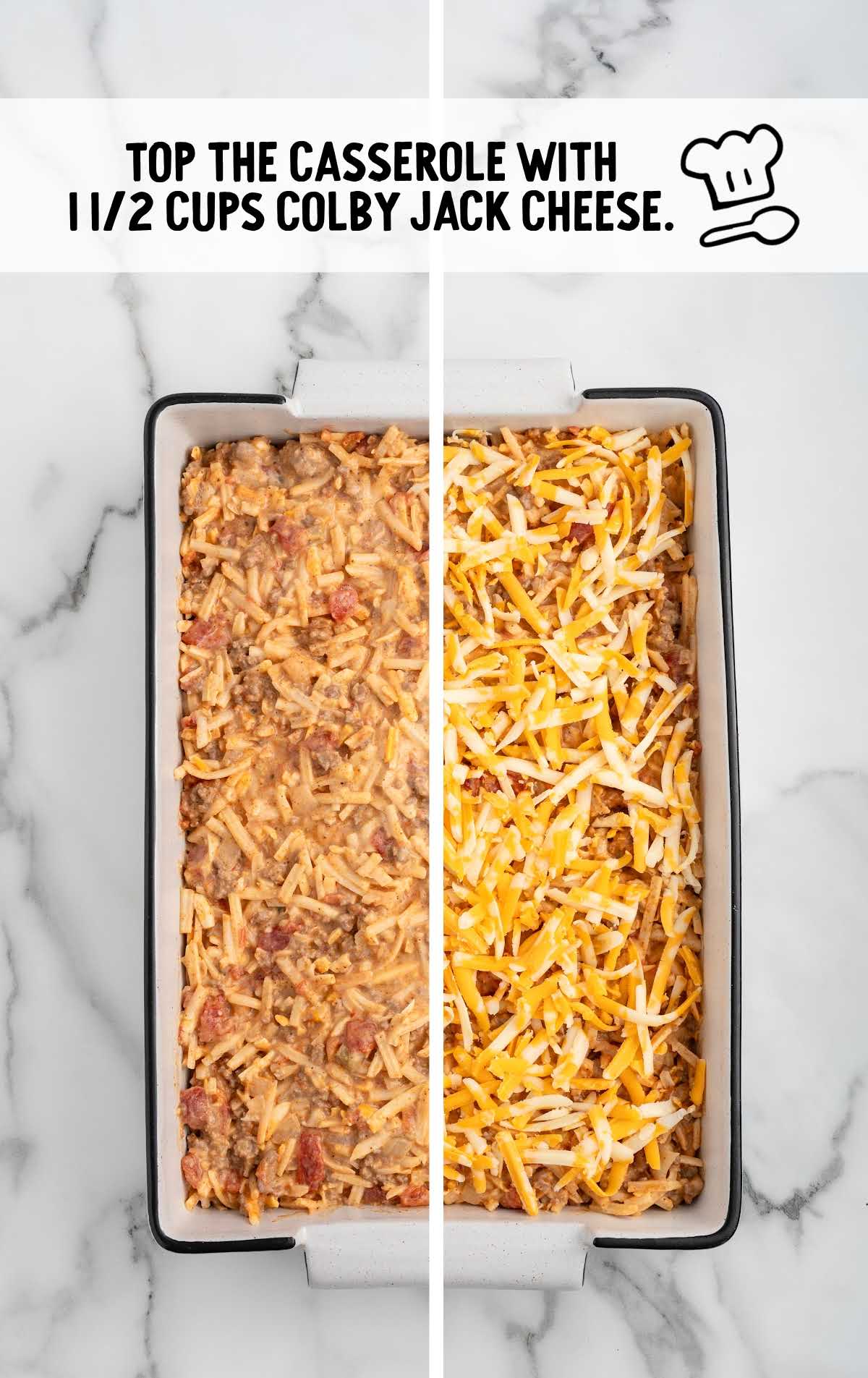 shredded colby jack cheese topped over the casserole