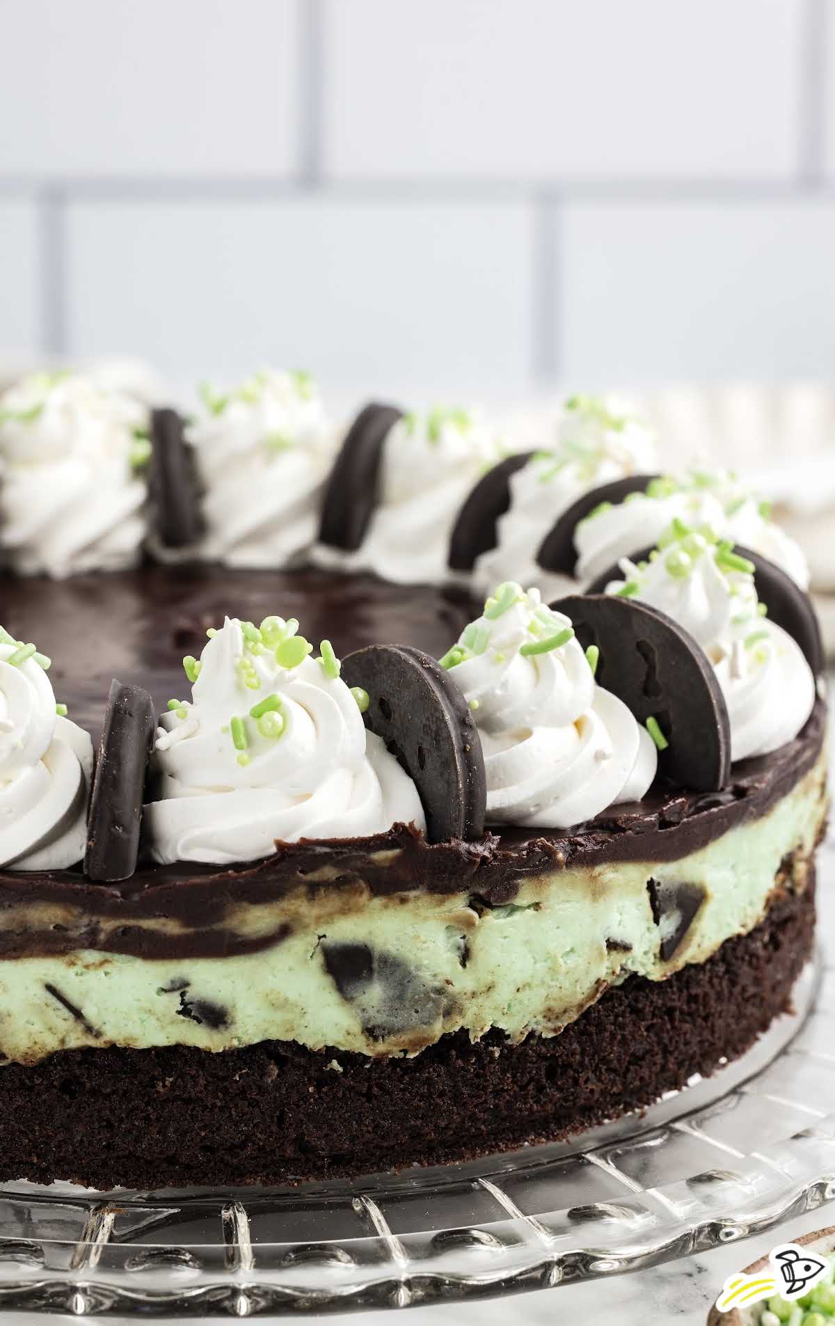 Thin Mint Cheesecake topped with whipped topping, thin mint cookies, and sprinkles