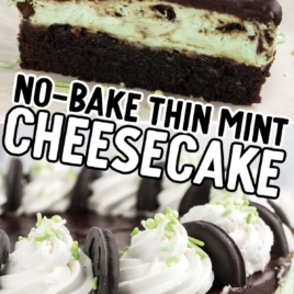 Thin Mint Cheesecake topped with whipped topping, thin mint cookies, and sprinkles