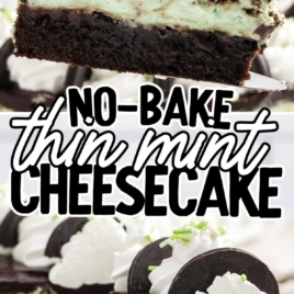 Thin Mint Cheesecake topped with whipped topping, thin mint cookies, and sprinkles