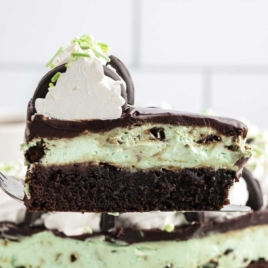 a slice of Thin Mint Cheesecake topped with whipped topping, thin mint cookies, and sprinkles