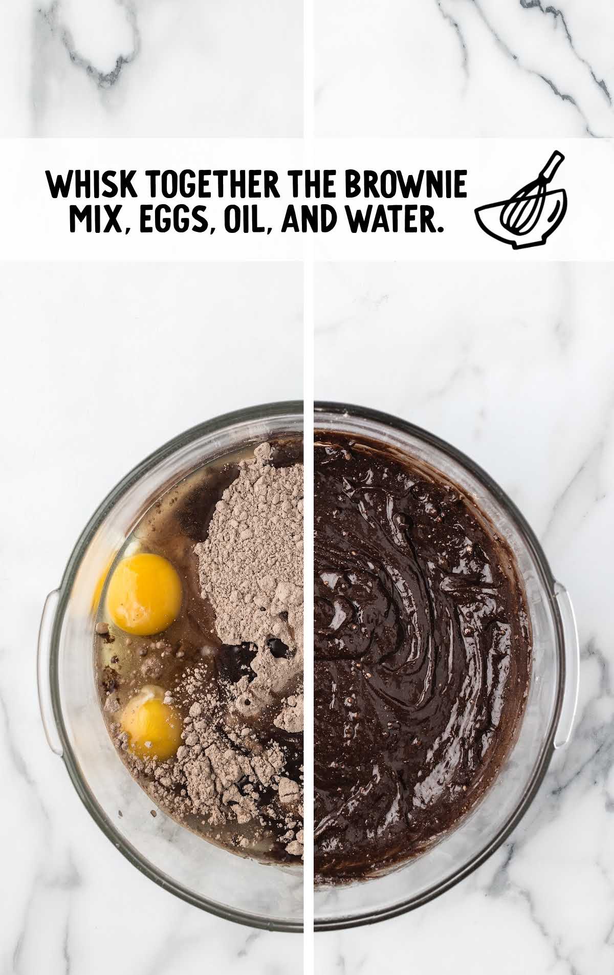 fudge brownie mix, eggs, vegetable oil, and water combined in a bowl