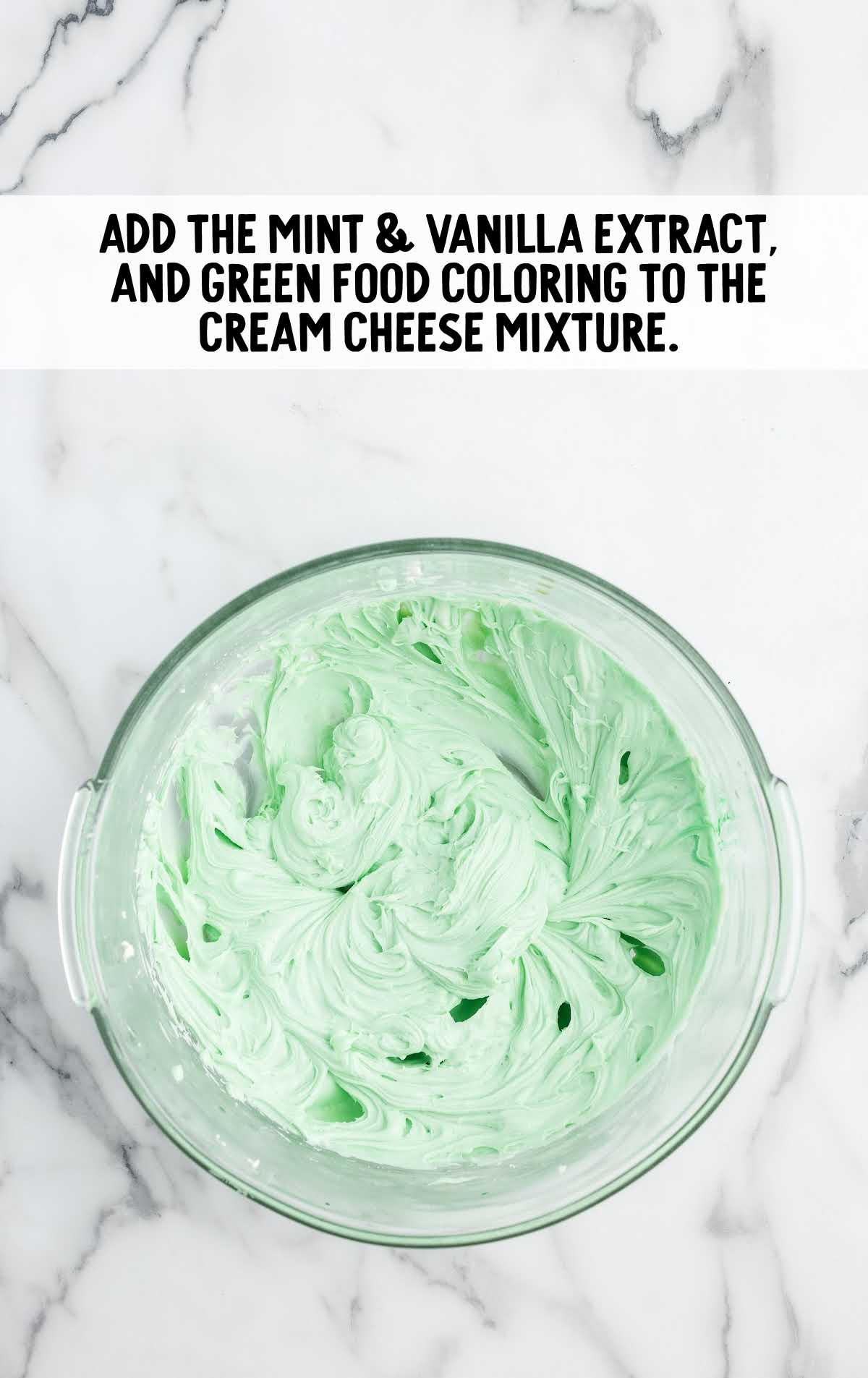 mint vanilla extract, and green food coloring combined in a bowl