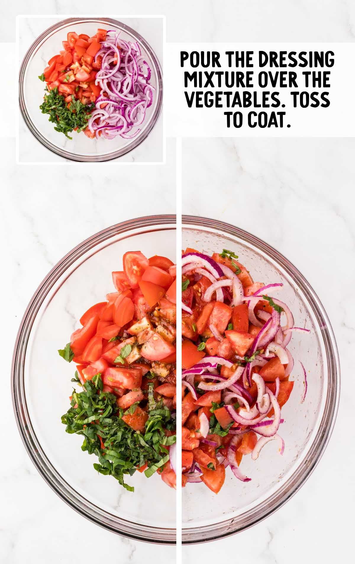 mixed dressing poured over the vegetables in the bowl