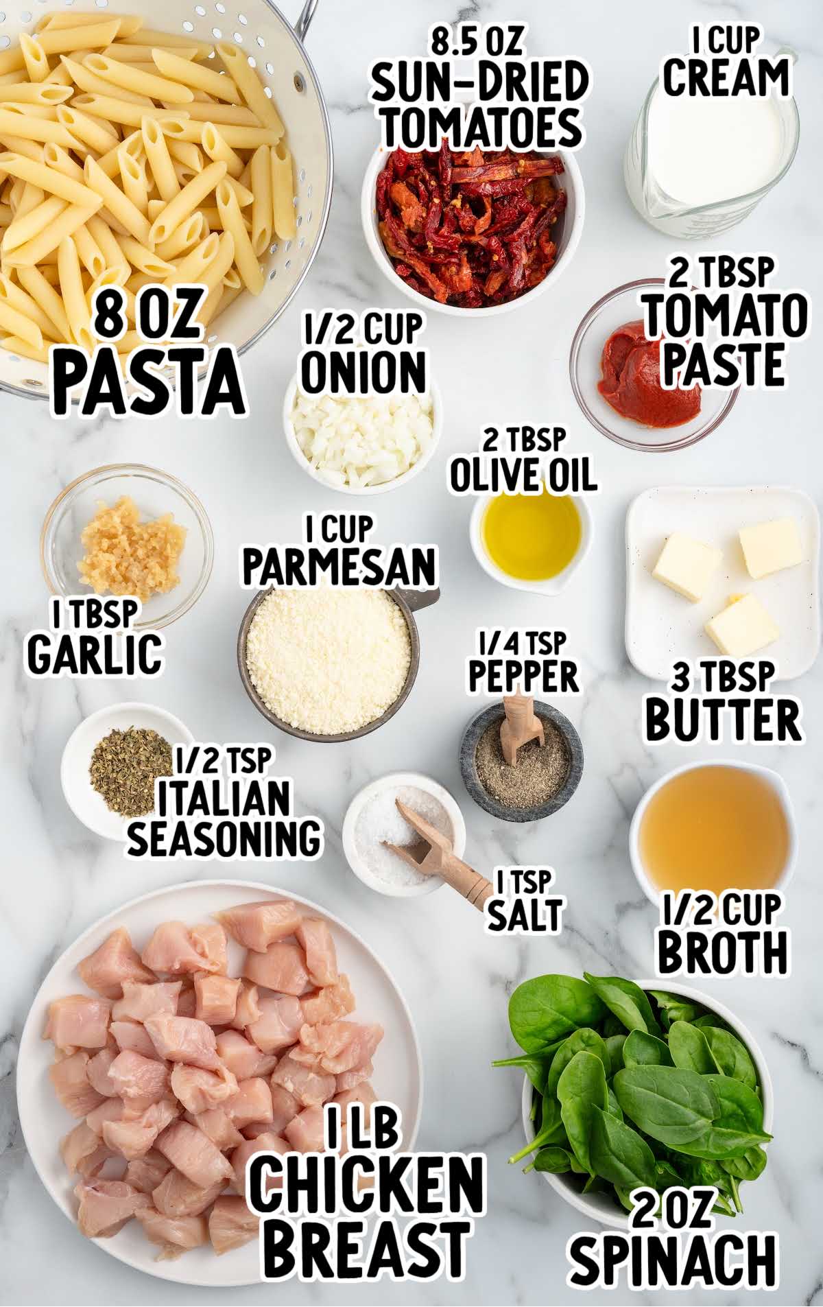 Tuscan Chicken Pasta raw ingredients that are labeled